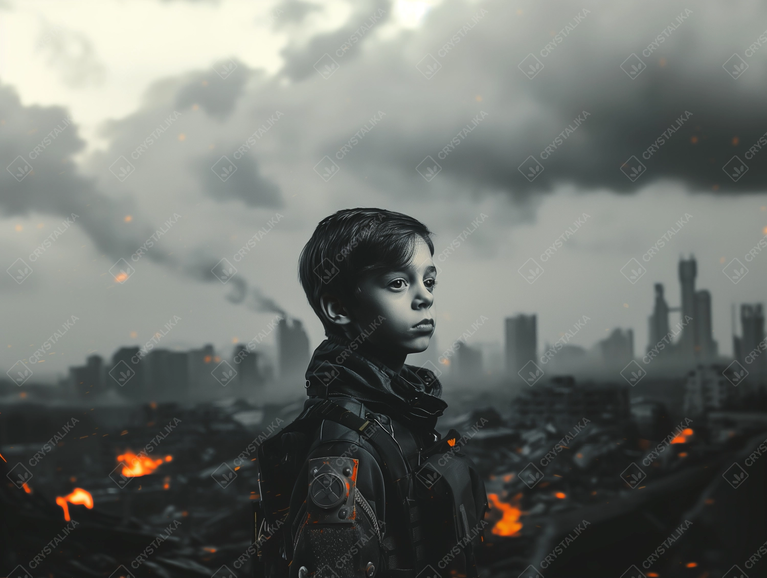 Boy in uniform on ruins of destroyed city