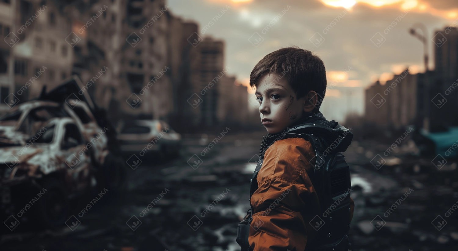 Boy wearing orange uniform in ruined city