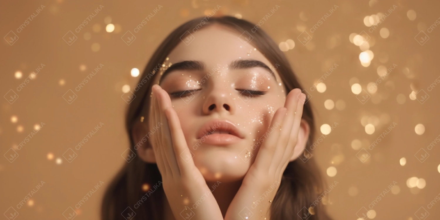 Beautiful girl with closed eyes on beige background with bokeh effect