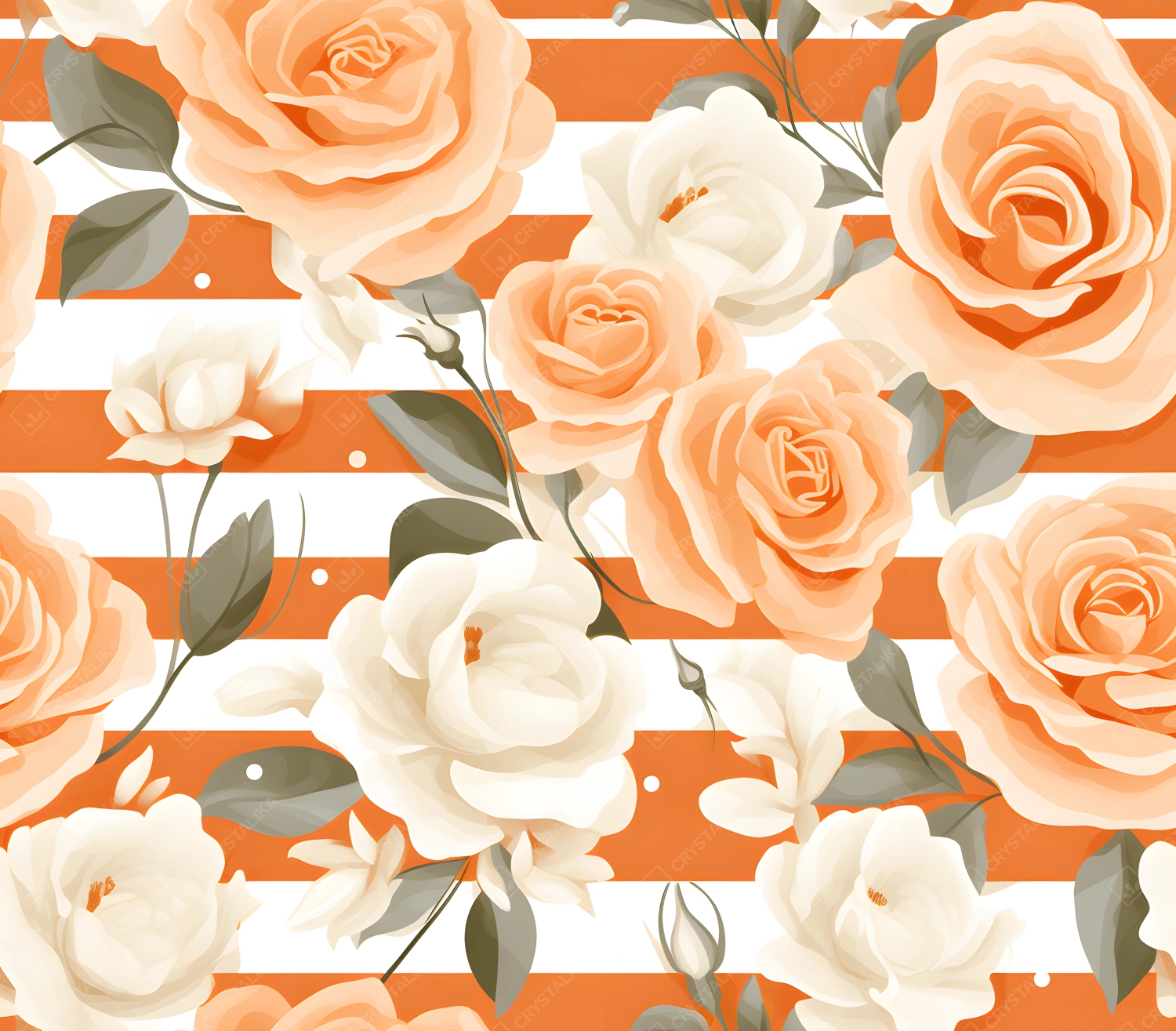 Seamless Floral Pattern on Orange and White Stripe
