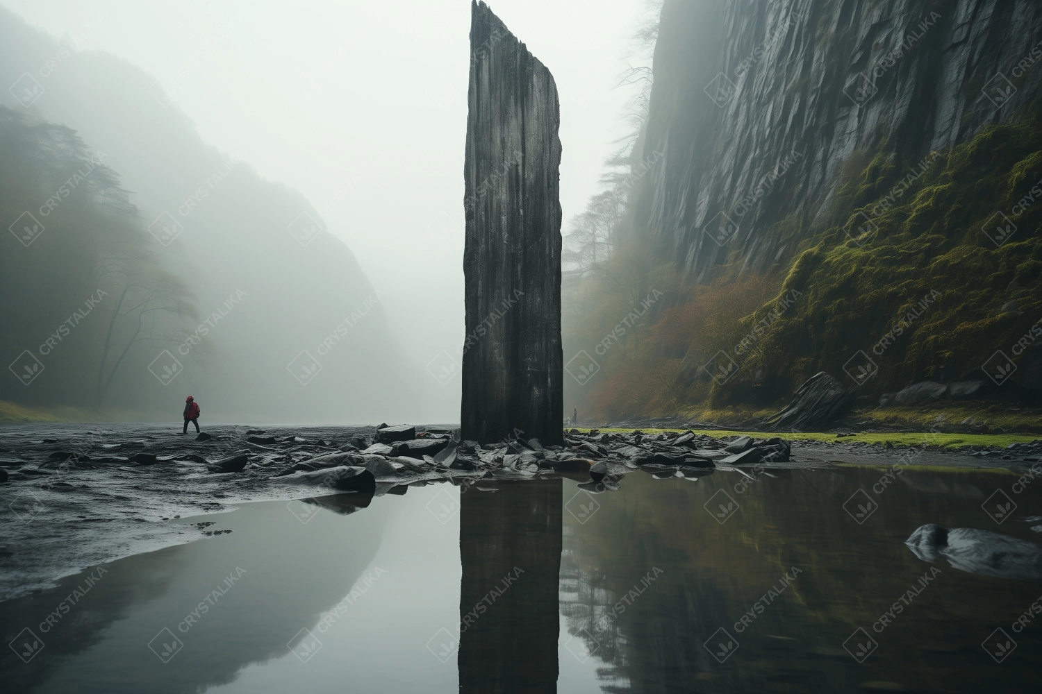 Gigant stone monolith in foggy scenery