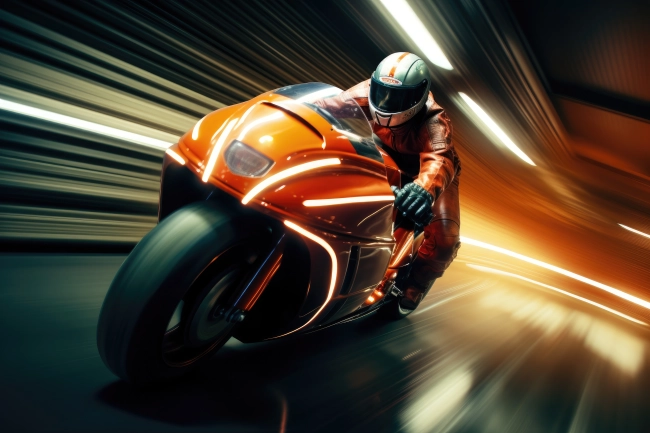 A man on a futuristic bike driving super fast