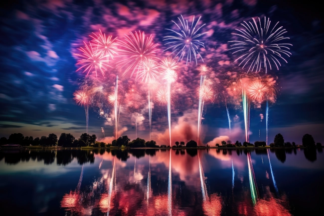 Fireworks above a lake, reflecting in the water
