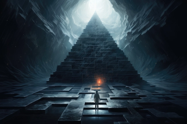 An explorer in front of an ancient alien underground pyramid