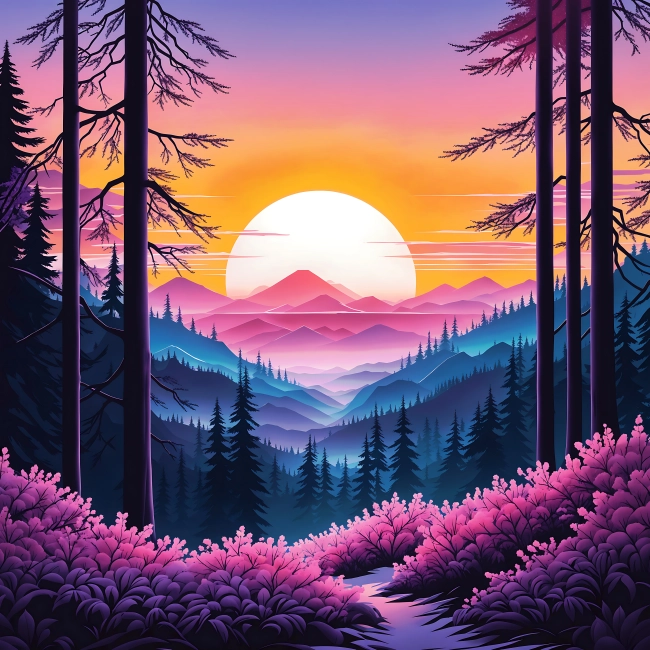 Large sun in fantasy setting between blue and pink mountains