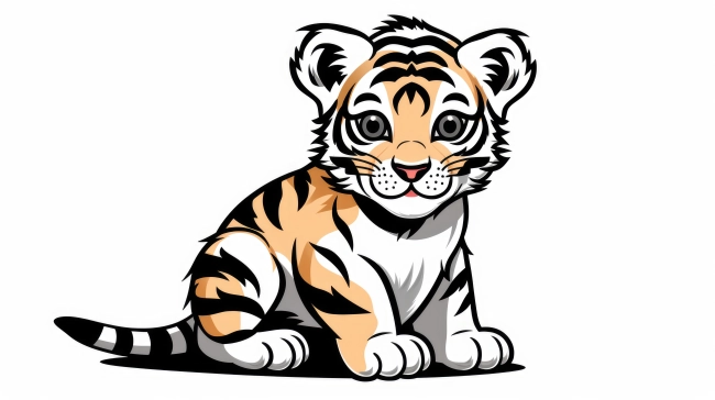 Cute Tiger Baby Cub Black Outline Logo Isolated On White Background