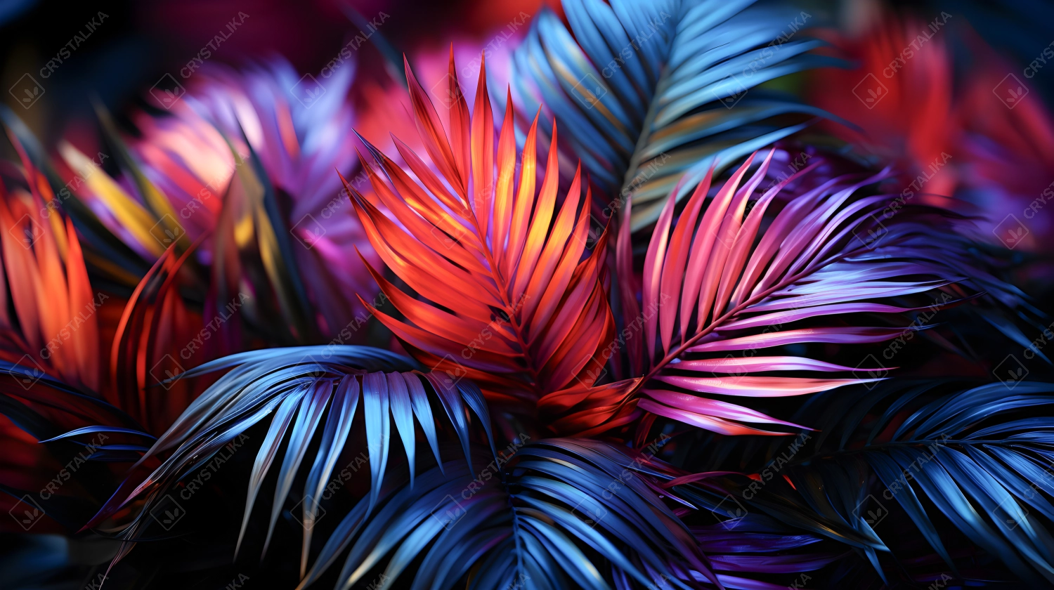 Exotic leaves backdrop, neon backlight, wallpaper