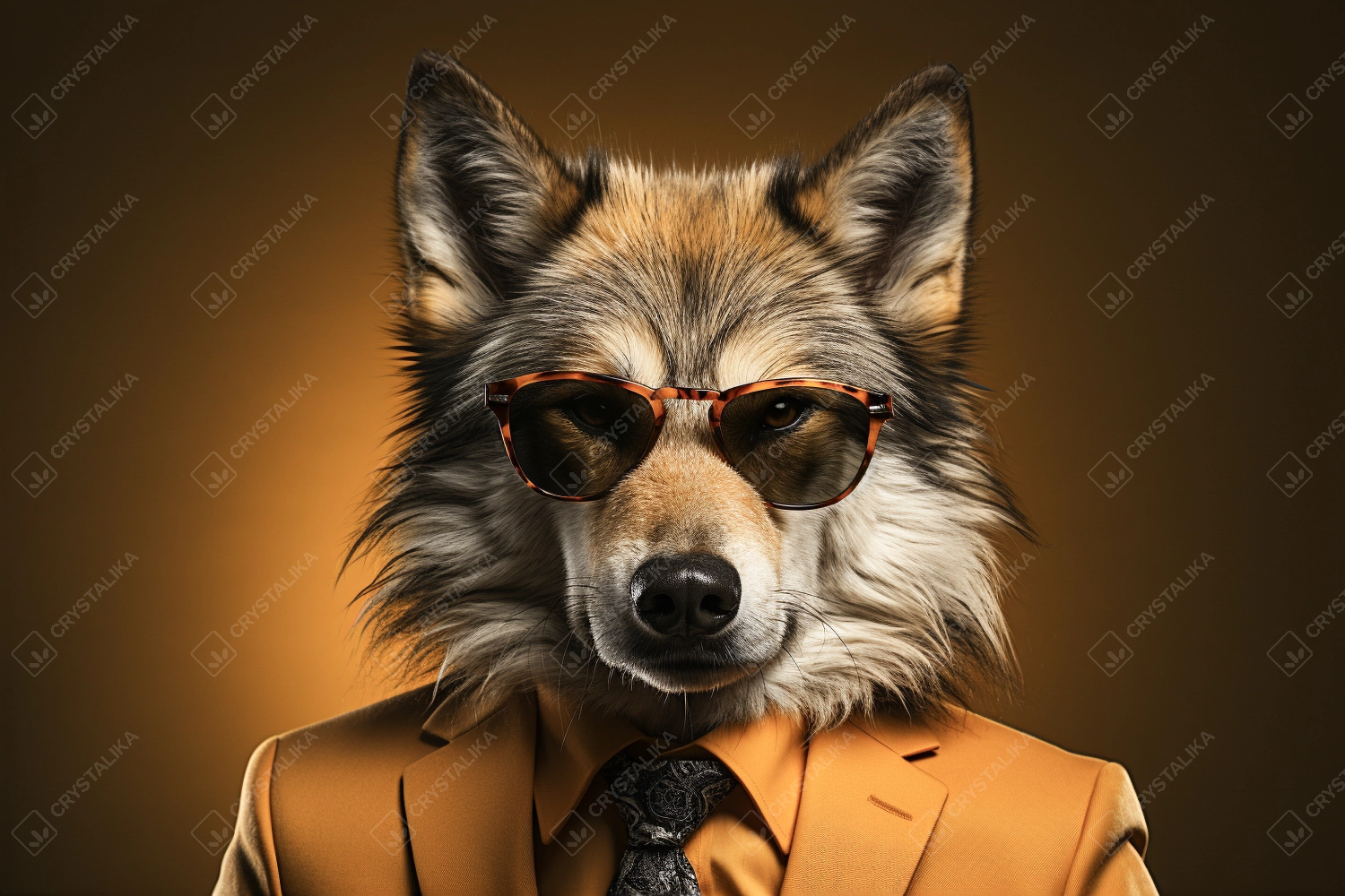 Portrait of wolf with sunglasses wearing suit and tie on solid background.