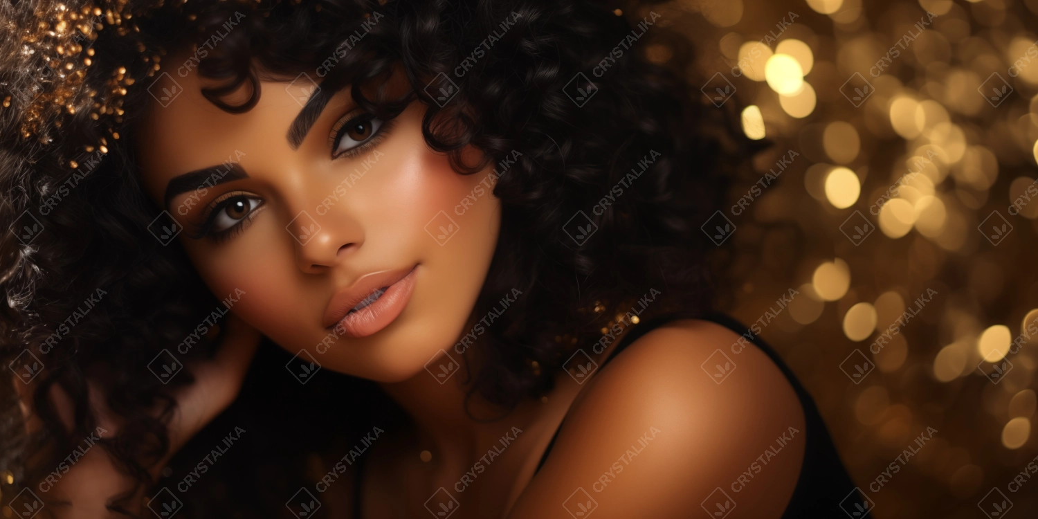 A portrait of a beautiful African American woman, surrounded by gold dust and confetti