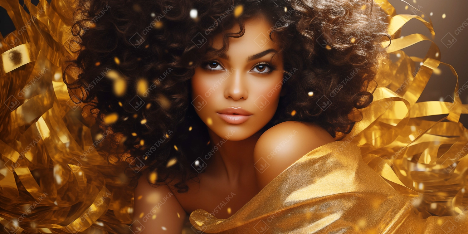 A portrait of a beautiful African American woman, surrounded by gold dust and confetti