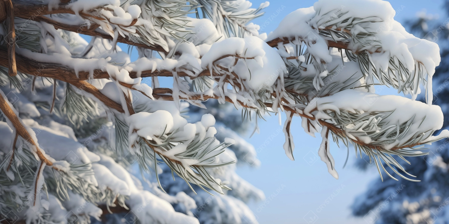 Winter snow background a snow-covered spruce branch hanging from above