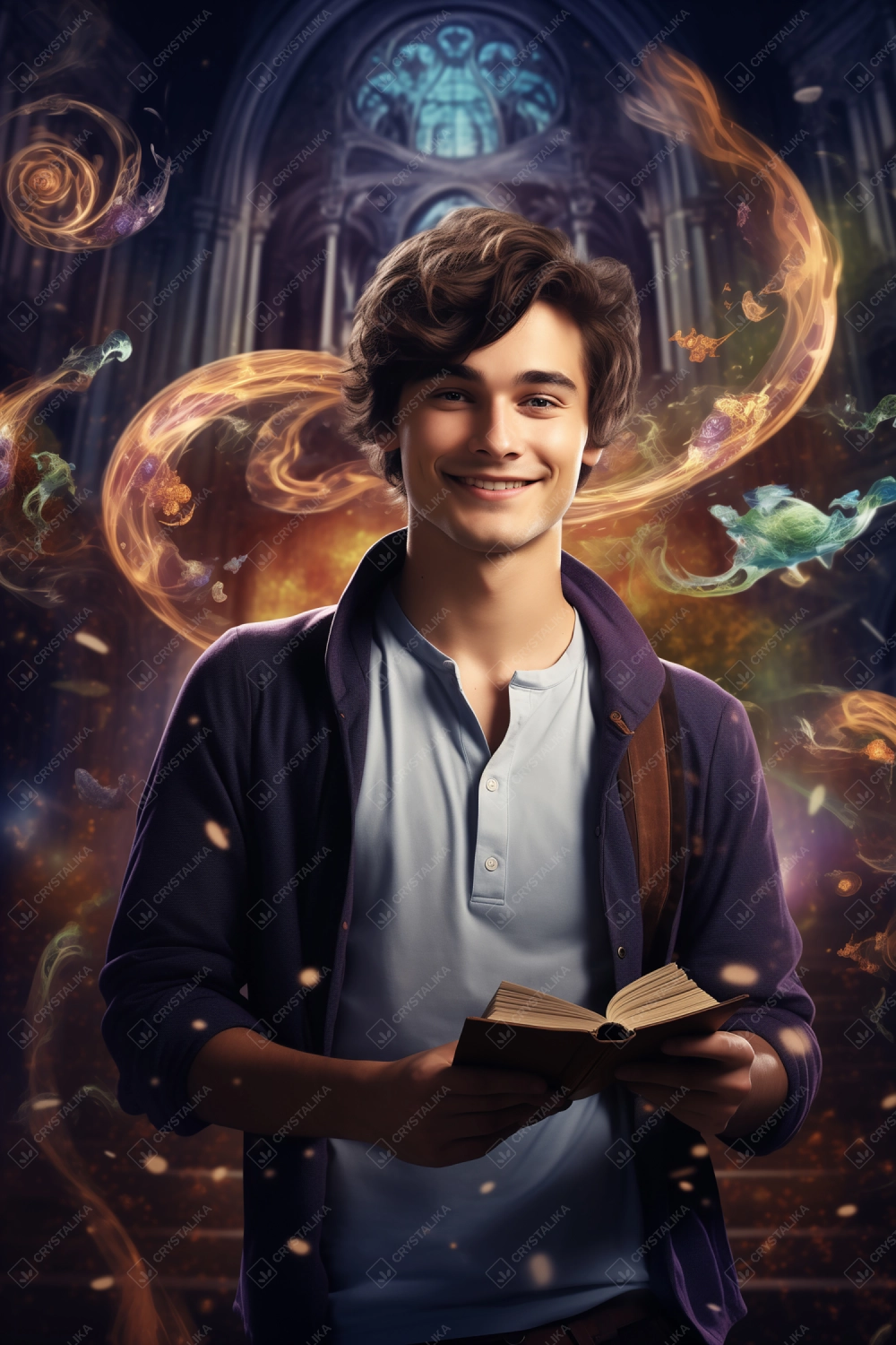 smiling handsome young man, as a wizard