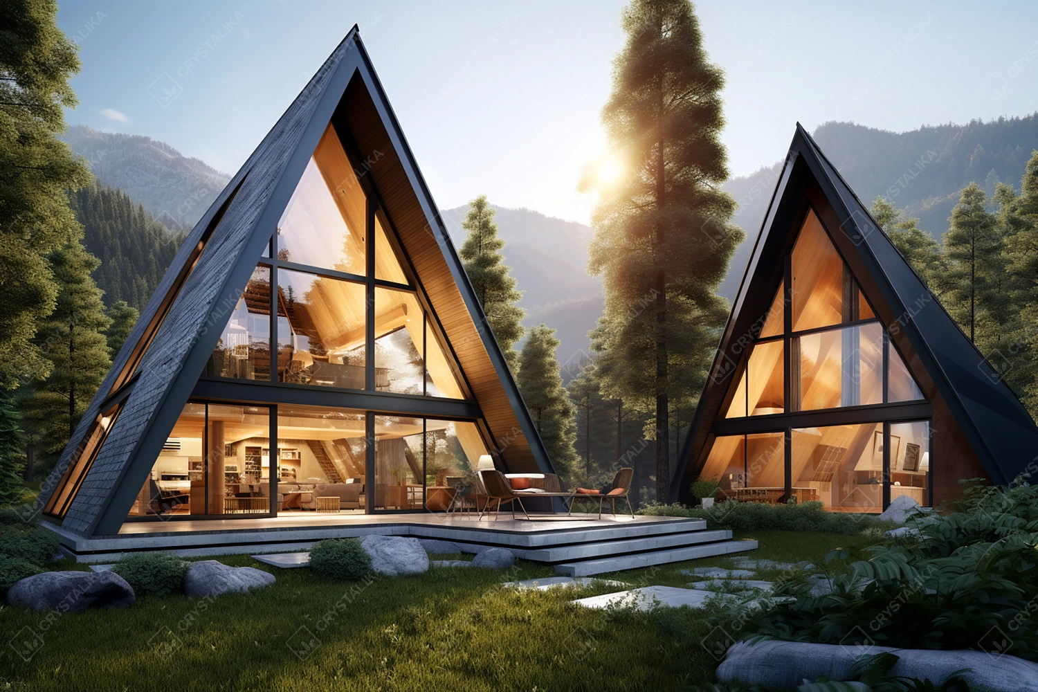 Modern triangular holiday house in the forest