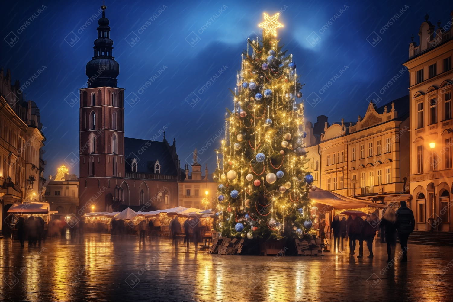 Christmas tree on the old market square in Krakow, with St. Mary's Church