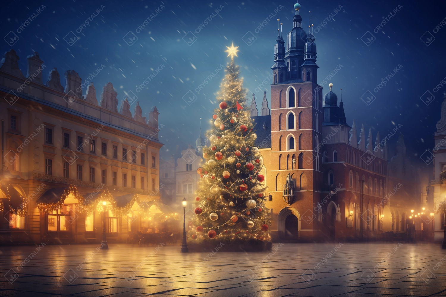 Christmas tree on the old market square in Krakow, with St. Mary's Church