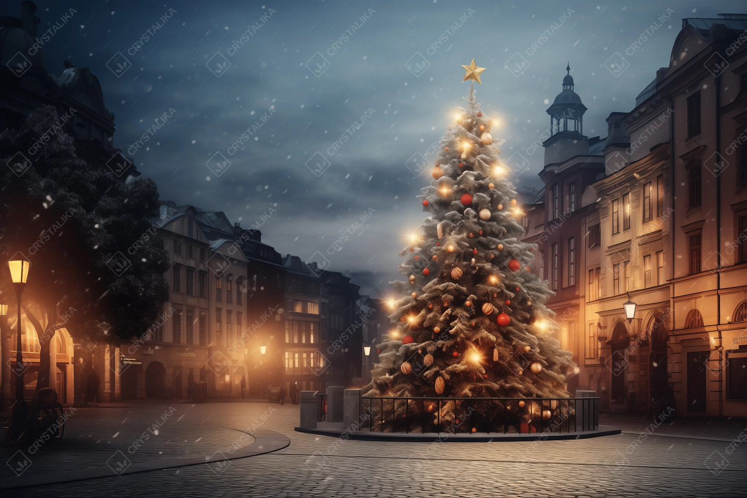 Illuminated Christmas tree in the old town, Christmas stalls, in the evening