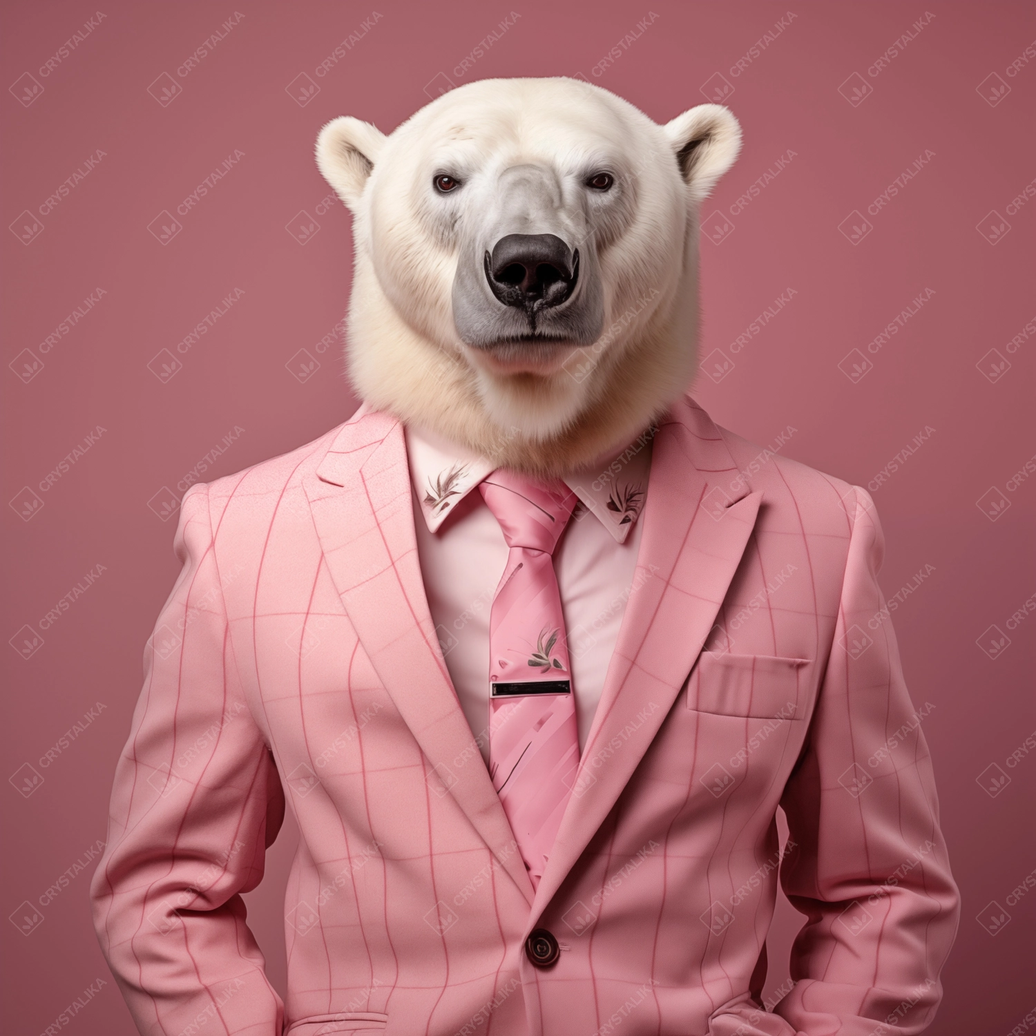 A portrait of an elegant white bear wearing a pink suit