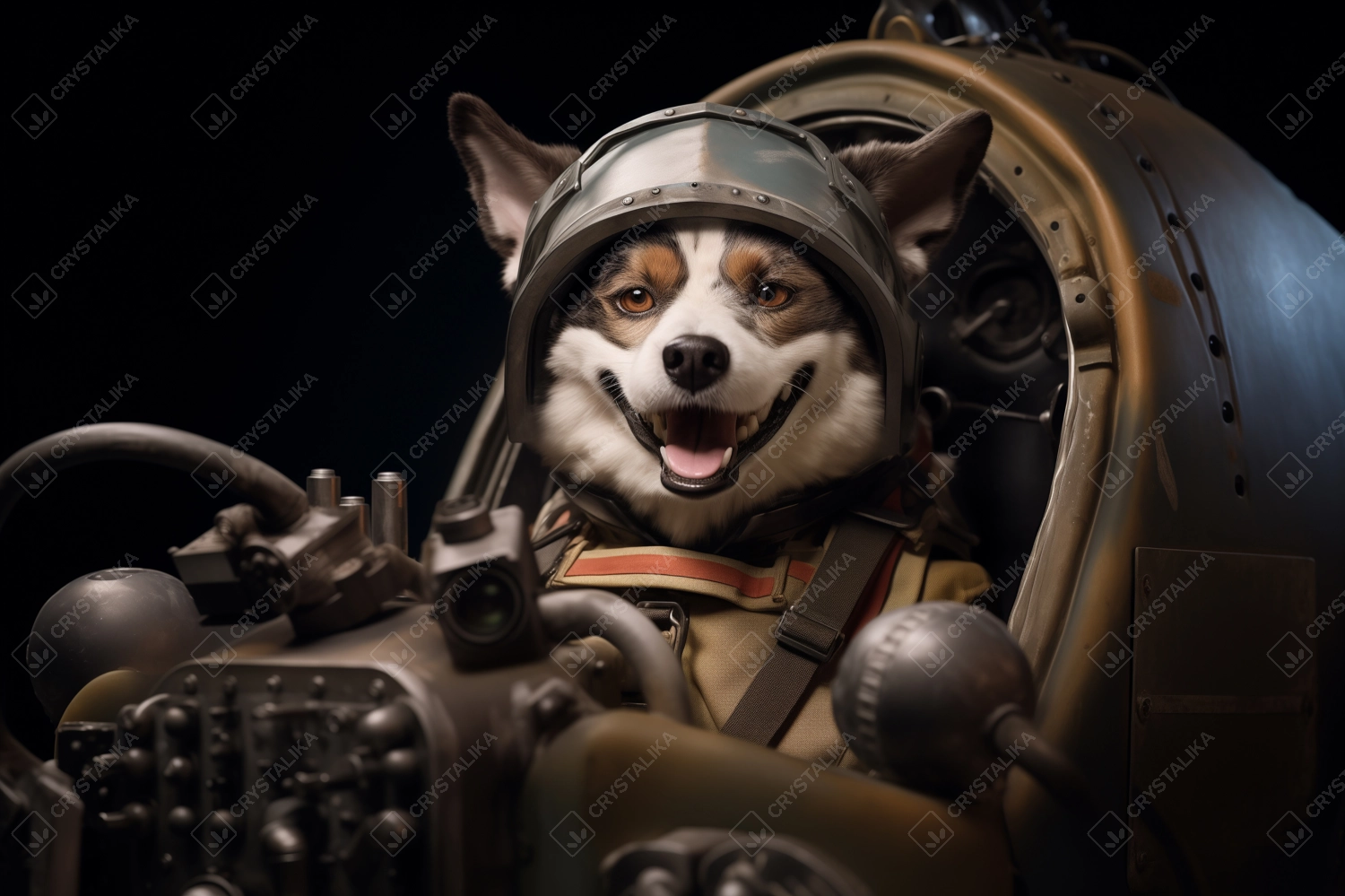 smiling a dog flying a plane, pilot in a helmet