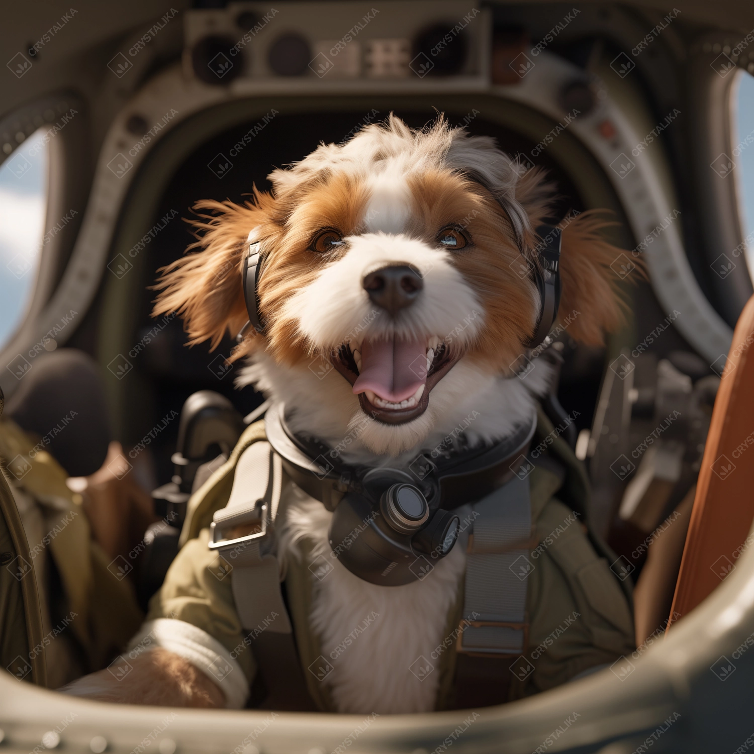 smiling a dog flying a plane, pilot in a helmet