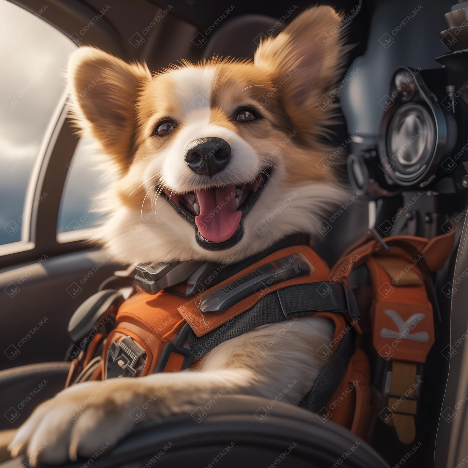 smiling a dog flying a plane, pilot in a helmet