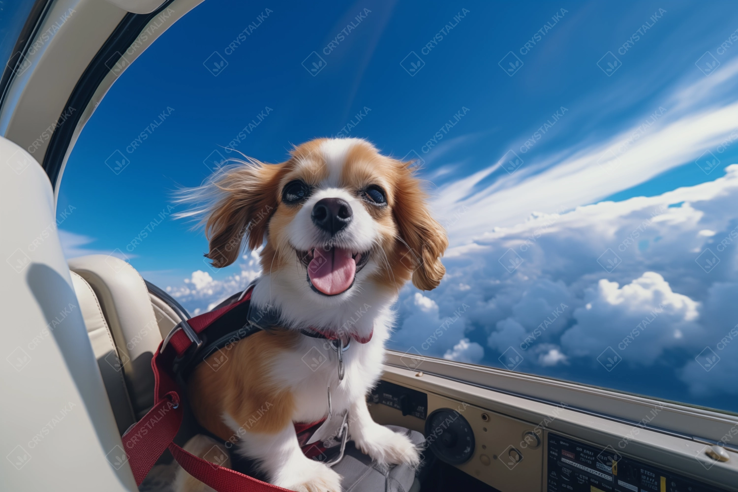 a happy dog flying a plane