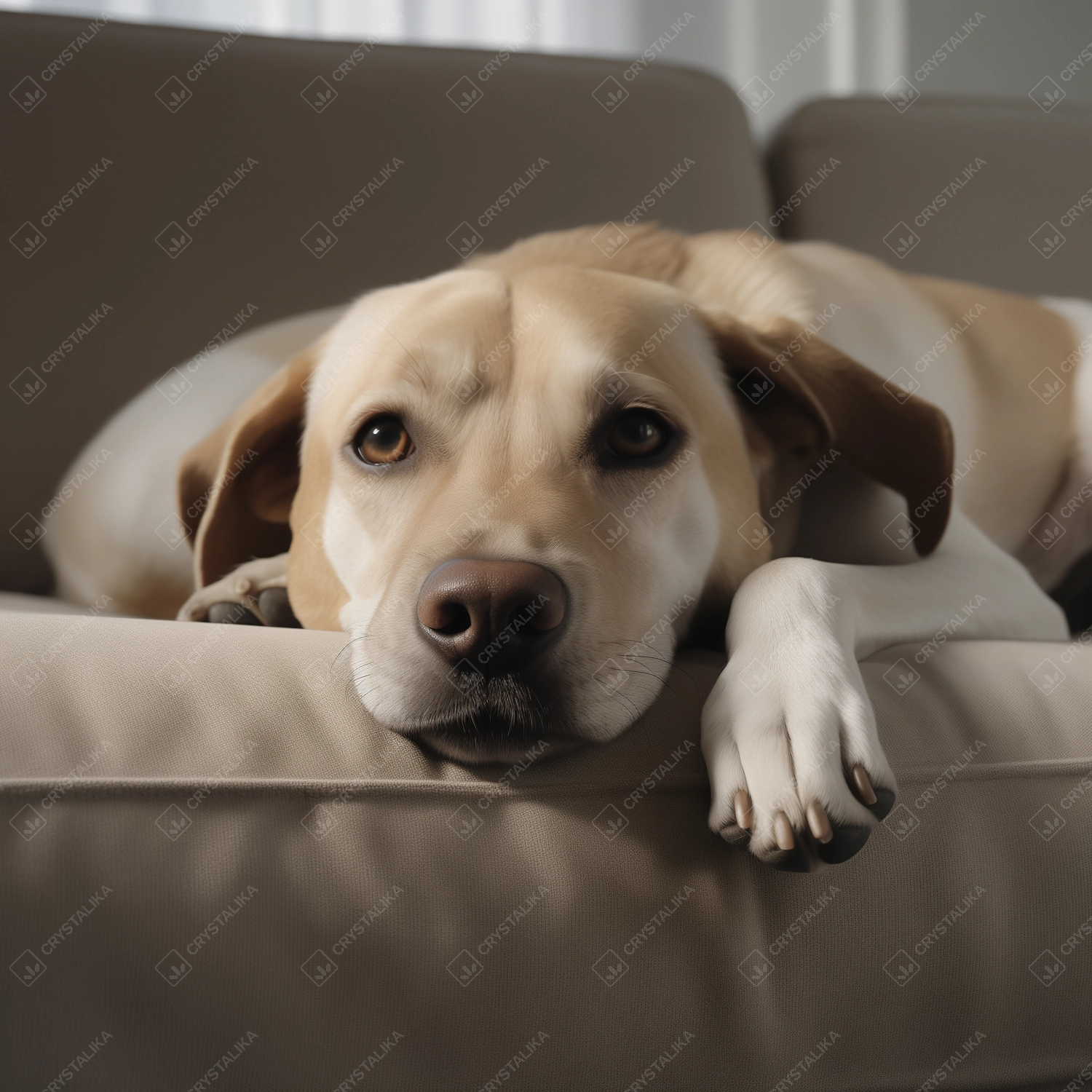 Closeup photo of a cute dog lying on lounge sofa