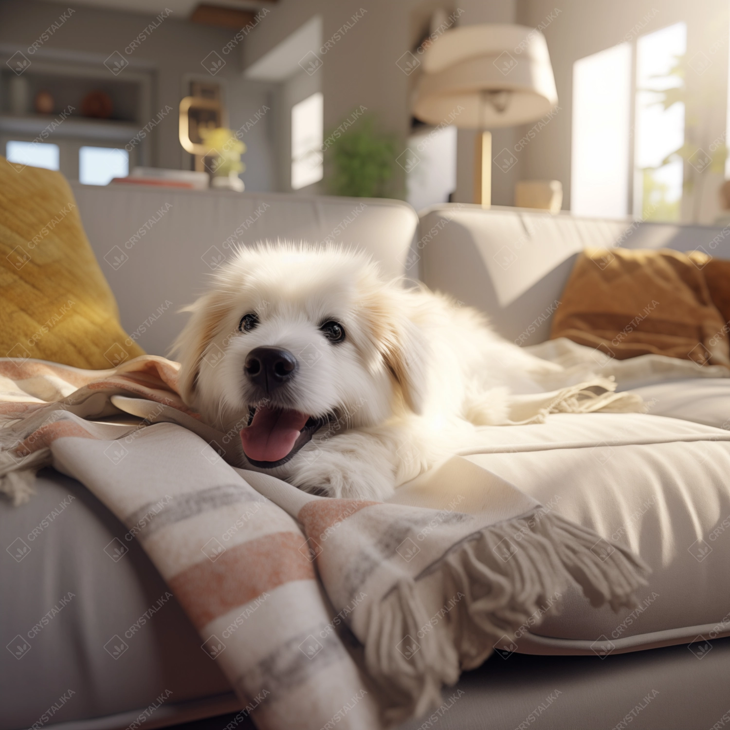 Closeup photo of a cute dog lying on lounge sofa