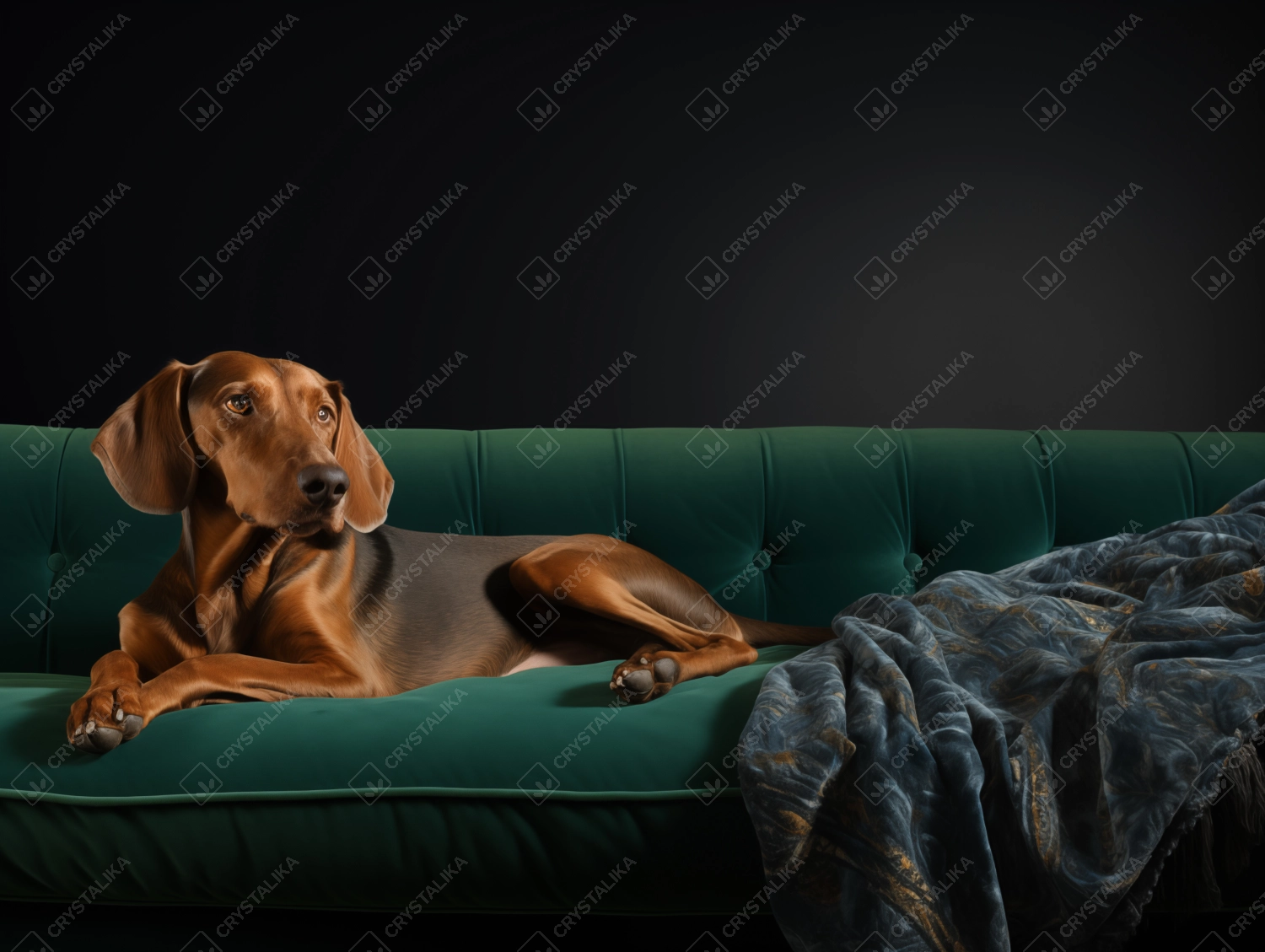 Vizsla dog is resting on a white