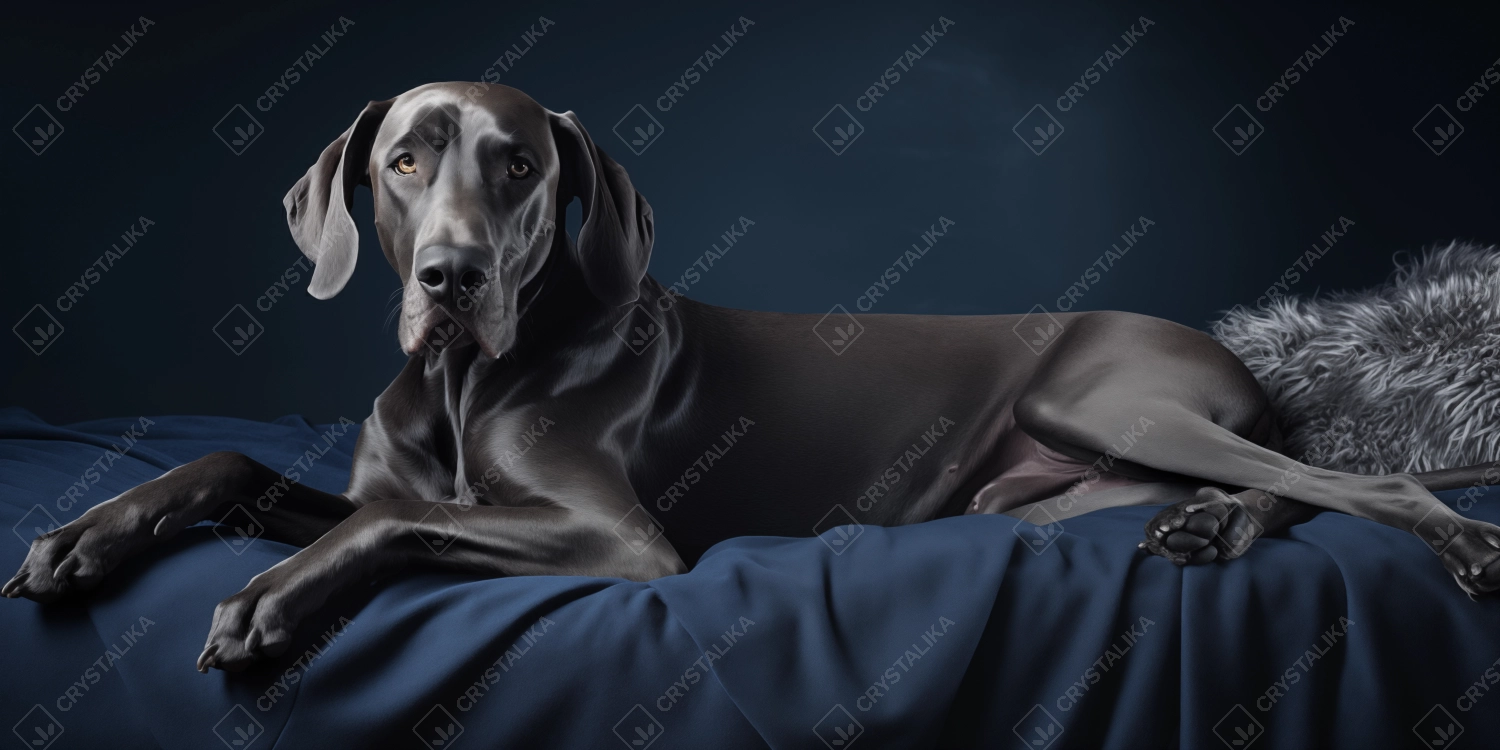 Purebred dog  is resting on a dark velvet sofa