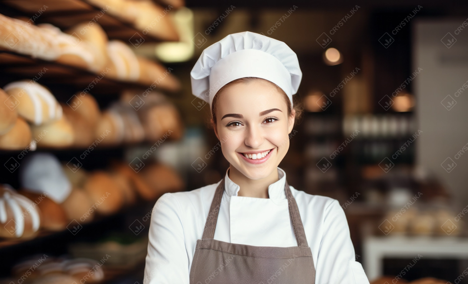 Happy young female baker standing at workplace on baking manufacture.