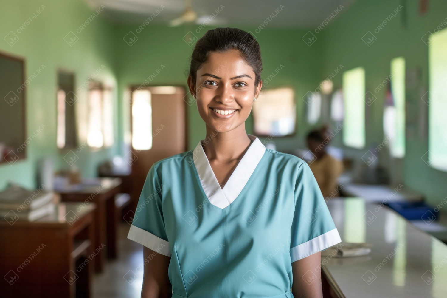 Portrait of Indian smiling female nurse in hospital or clinic.