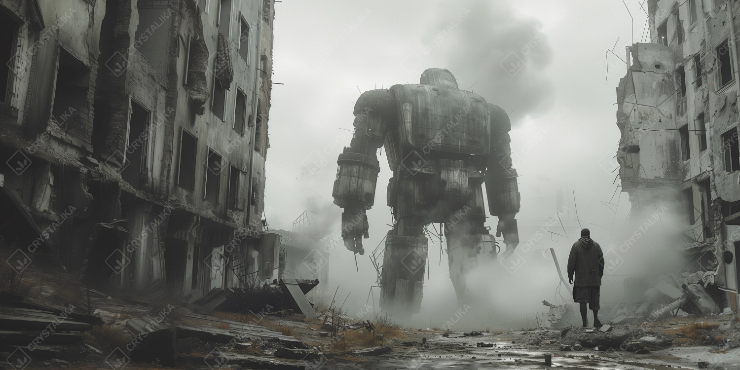 Man and huge robot in ruins of city