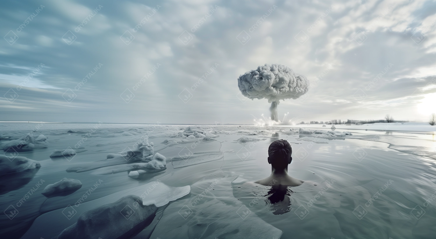 Young man in icy water looks at the explosion