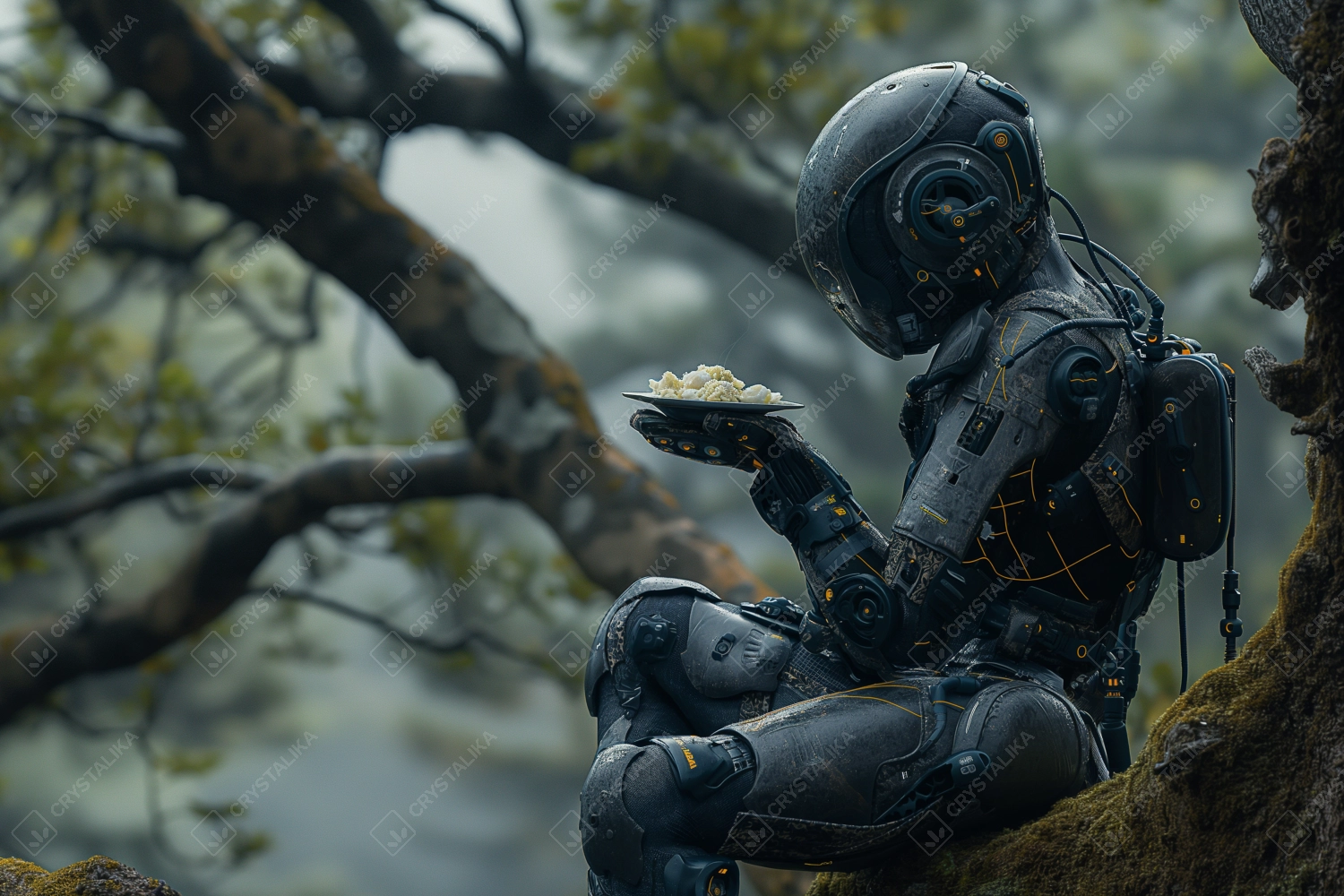 A figure in a futuristic suit eating scrambled eggs