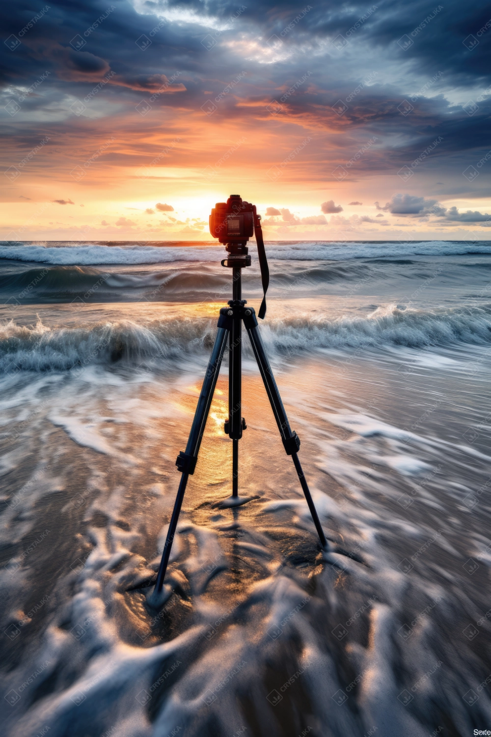 A camera on tripod taking picture of a beautiful sunset on the beach