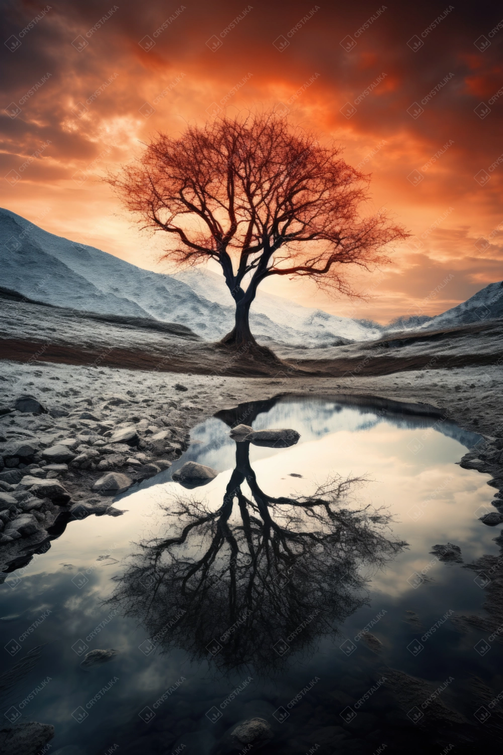 Solitaire tree reflecting in the water during sunset