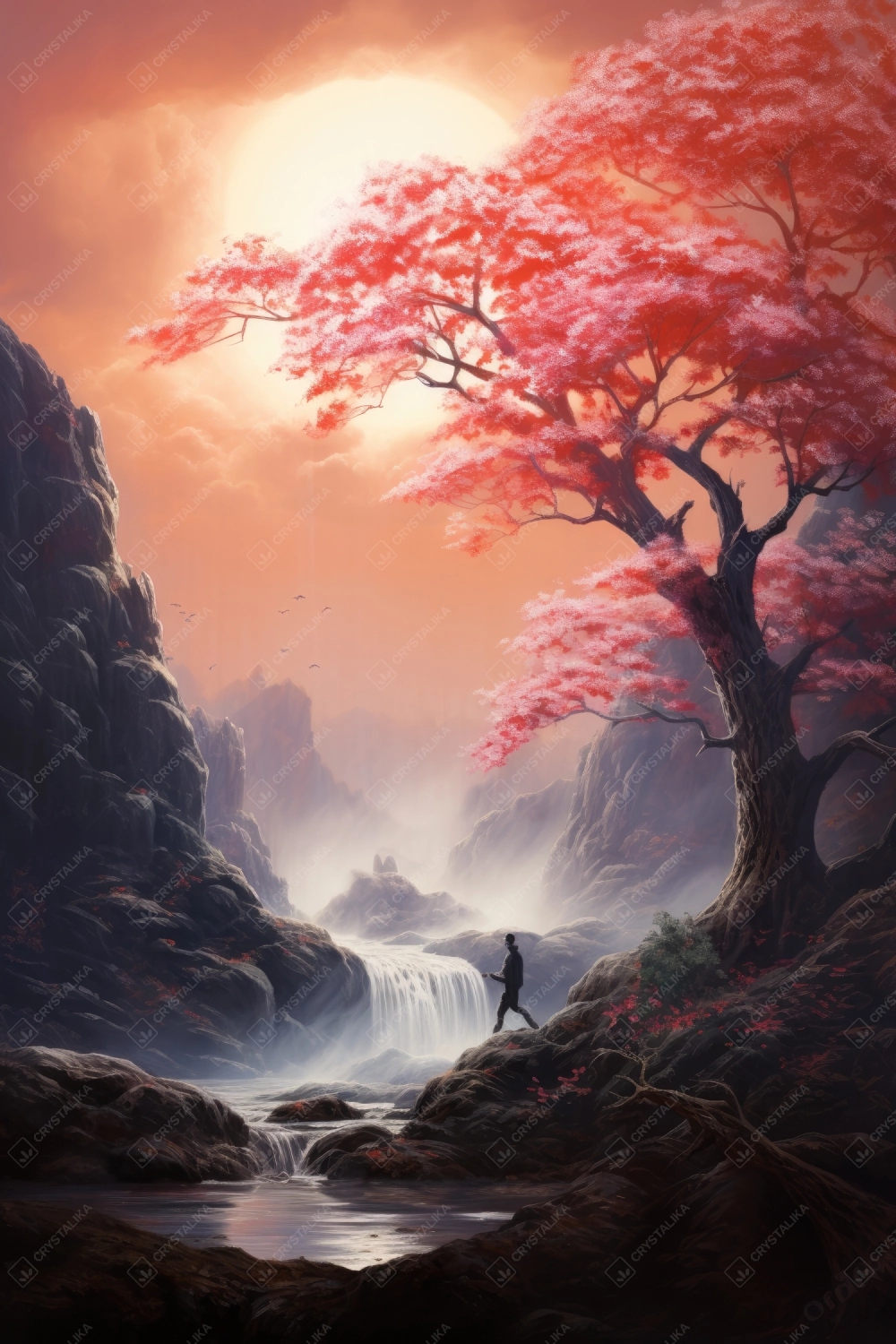 Beautiful tree near a river during sunset in the misty mountains