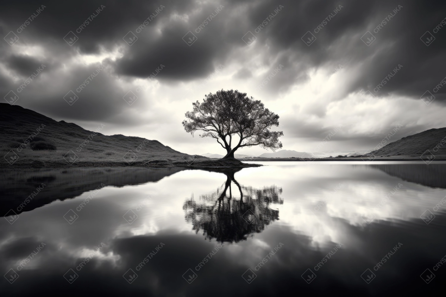 Solitaire tree near a lake - black and white picture