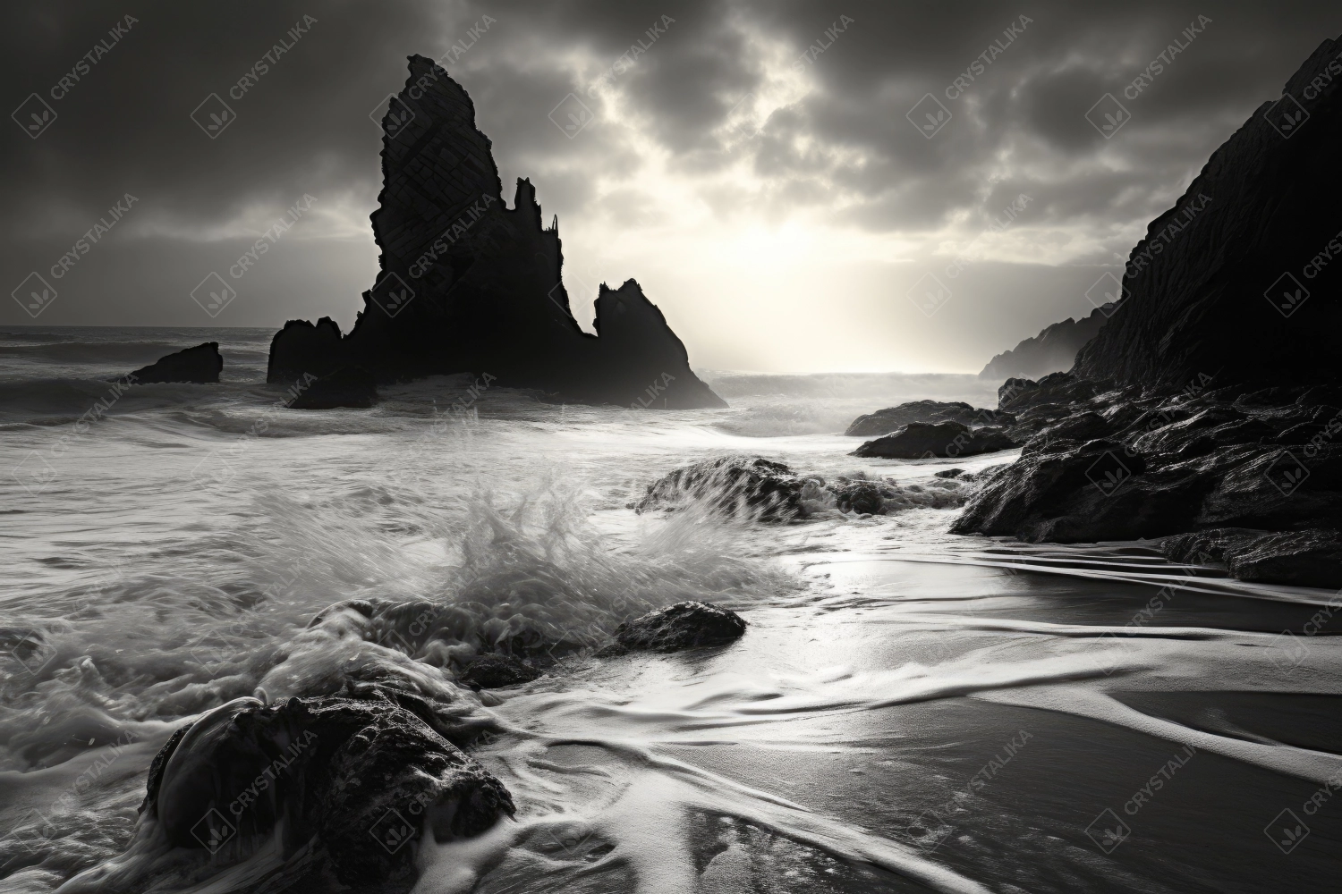 Black and white picture of a sea coast