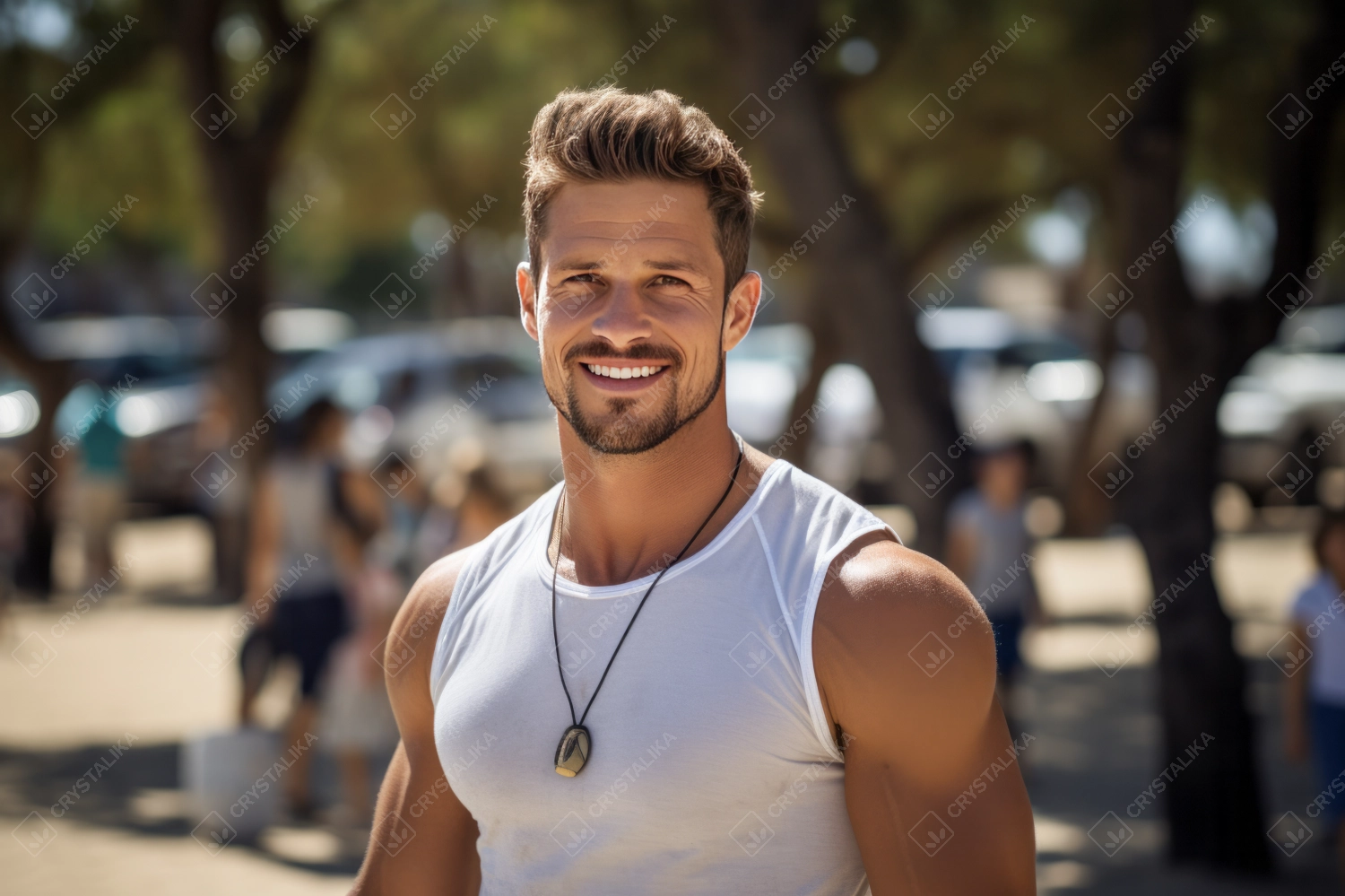 Handsome muscular young man smiling looking at camera. Healthy lifestyle outdoor.