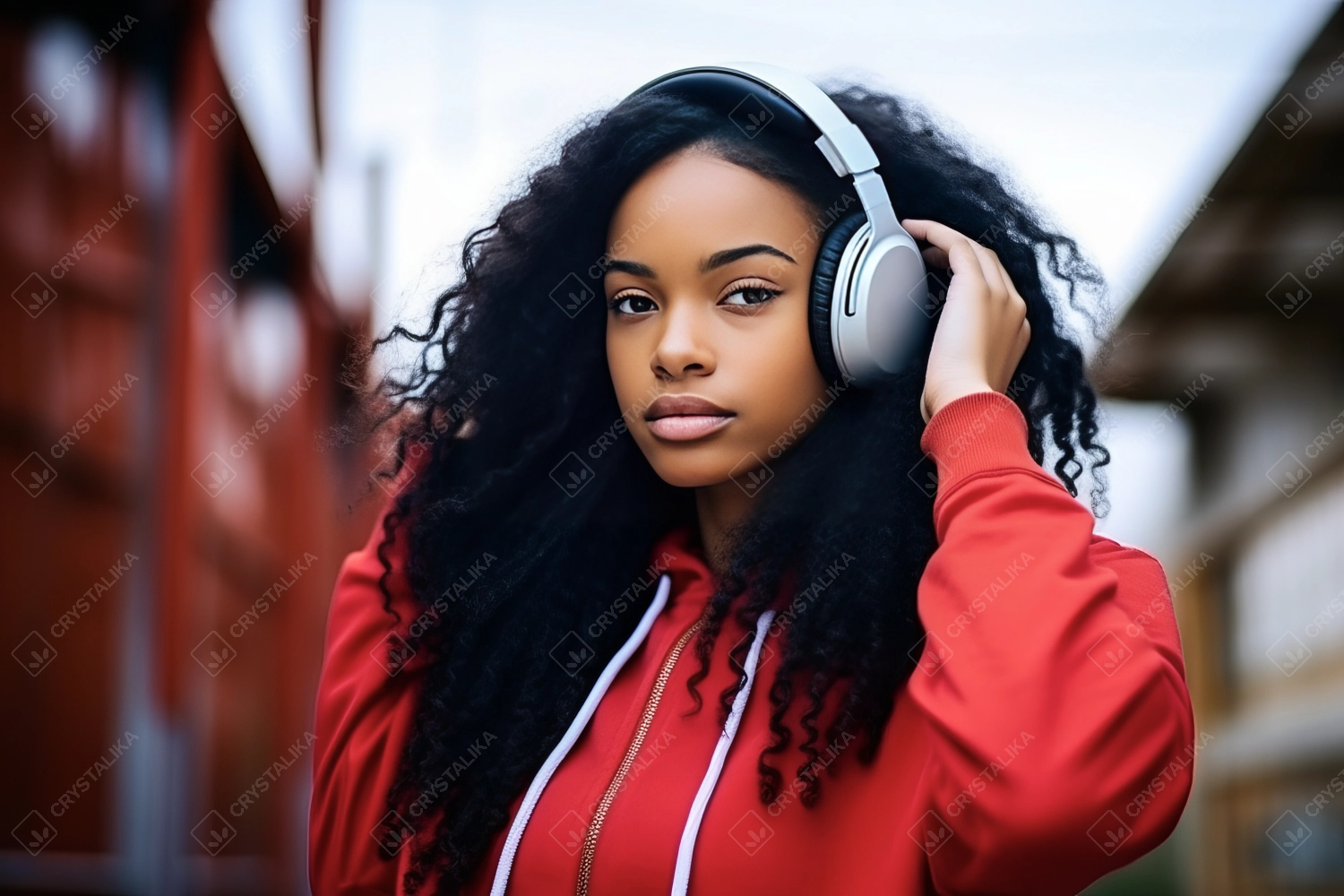 Portrait of beautiful modern young woman standing over urban background, listening to music with headphones.