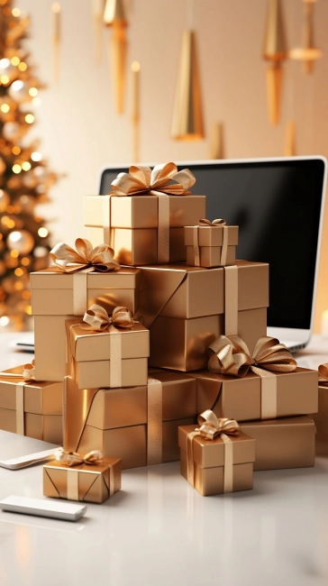 : Laptop and gifts in gold packaging in front of it, Christmas tree and decorations in background