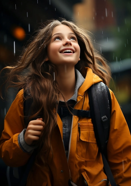 Smiling girl goes to school in the rain