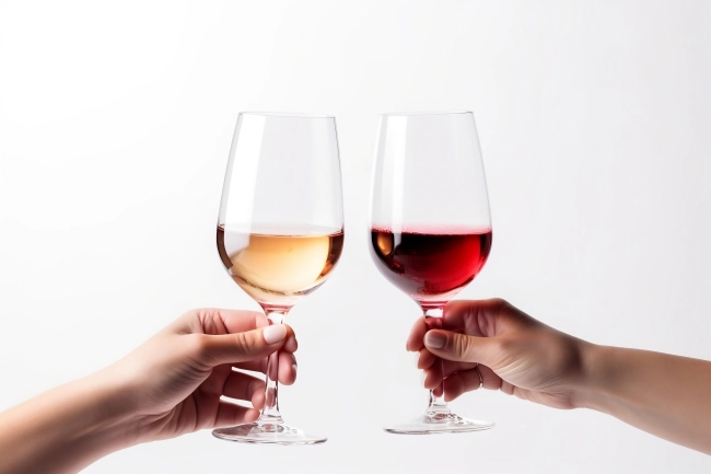 Two hands holding glasses of wine, white and red on a white background