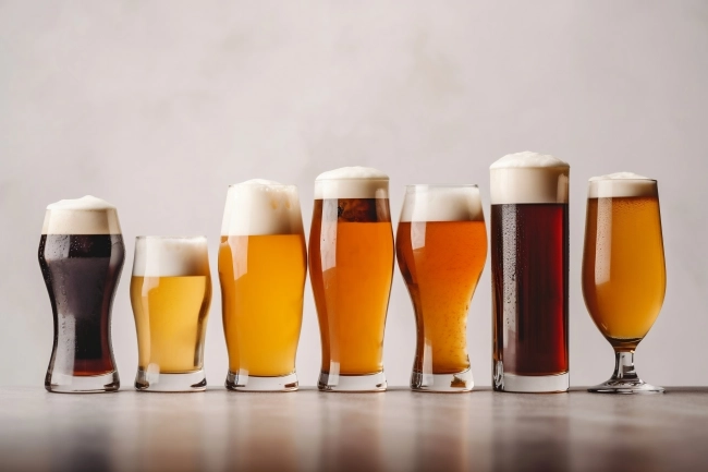 Picture of a row of different glasses with different types of beers