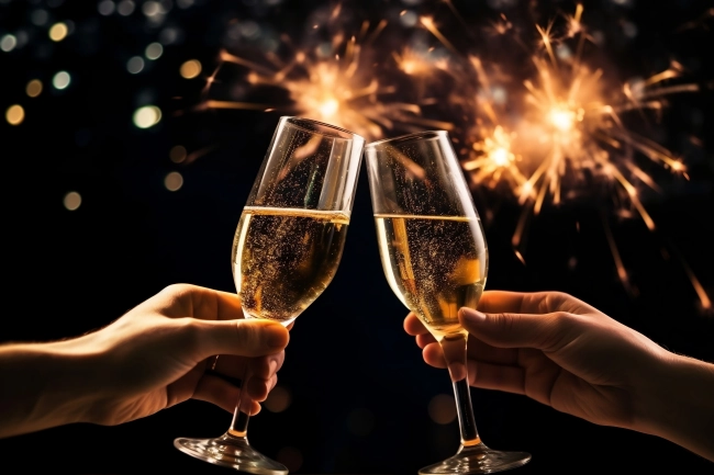 Illustration of hands holding glasses of champagne against a background of fireworks in warm gold tones