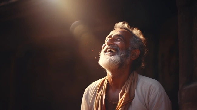 an indian village old man looking at the sky.