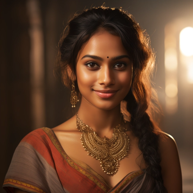 beautiful Indian girl wearing gold jwellery, long earrings and a dark red forehead dot.