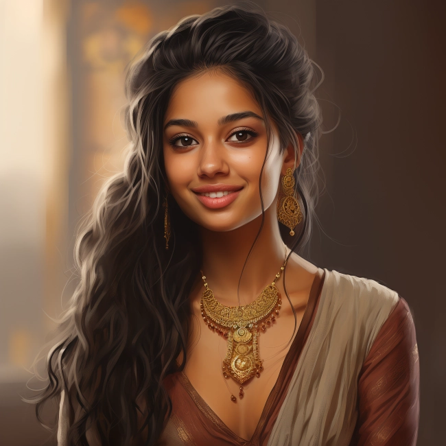 A beautiful Indian girl wearing gold jwellery and long earrings on a brown and grey dress.