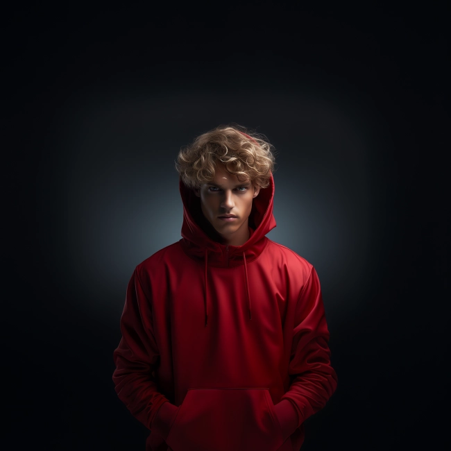 young handsome boy wearing red hoodie on a black and grey background.